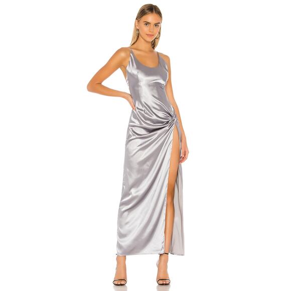 Superdown Cerina Maxi Dress Silver Metallic Knot Slit Open Back Sleeveless Sz M - Picture 1 of 14